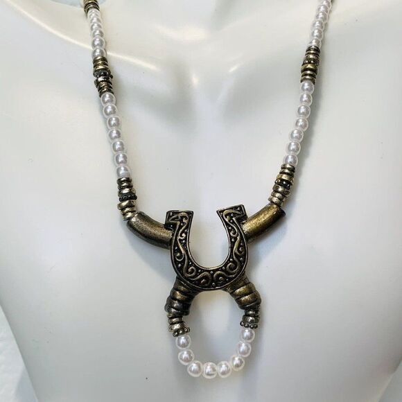 Vintage White Faux Pearl Horse Shoe Brass Long Naja Southwestern Bead Necklace - Picture 8 of 10